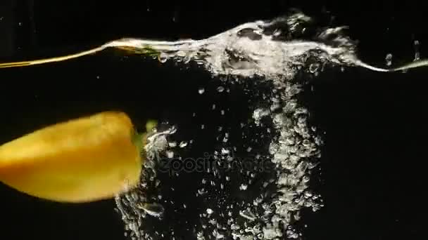 Yellow Sweet Peppers, capsicum annuum, Vegetable falling into Water against Black Background - Footage, Video