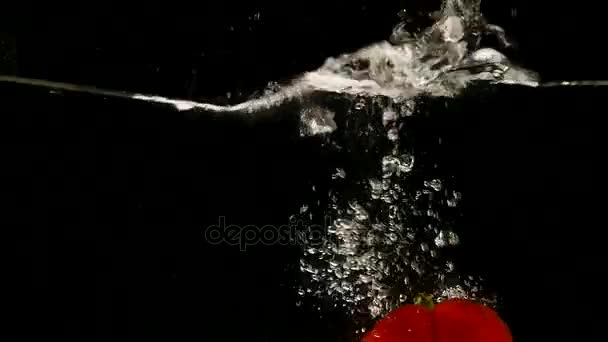 red Sweet Peppers, capsicum annuum, Vegetable falling into Water against Black Background - Metraje, vídeo