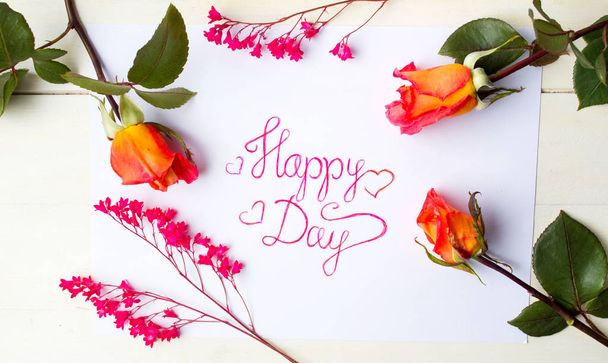 Happy day card with red roses - Zdjęcie, obraz