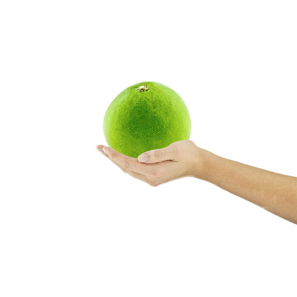 grejpfrut organiczny owoc ręka palec trzymać diety receptury zdrowe sałatki na białym tle wegetariańska książka kucharska diety - Zdjęcie, obraz