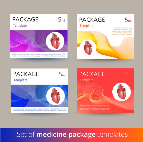Set of Medicine package template design variations with realistic human heart. - Wektor, obraz