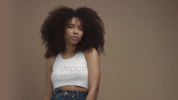 retrato de mujer negra de raza mixta con gran pelo afro, pelo rizado
 - Metraje, vídeo