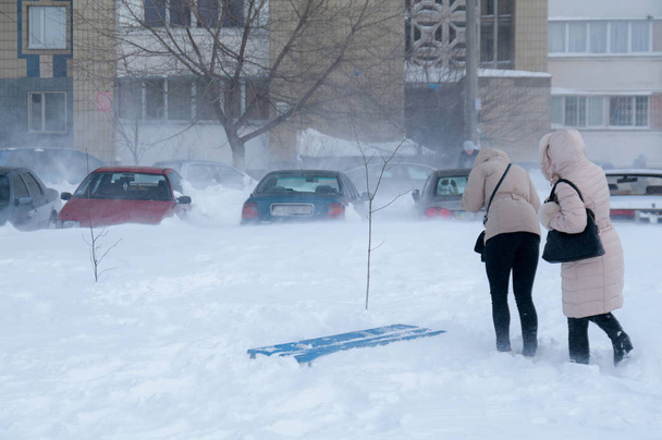 歩行者は背景の雪に覆われた車や住宅街で吹雪を介して自分の道を作る. - 写真・画像