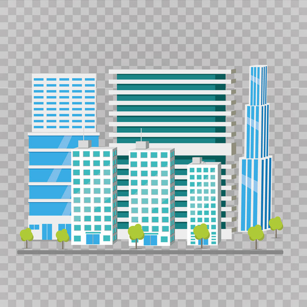 Grattacieli urbani e alberi. Ilustrazione e stile. Complessi per uffici e palazzi, per un alloggio confortevole
. - Vettoriali, immagini