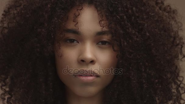 портрет чорної жінки з величезним кучерявим волоссям, дивлячись на камеру
 - Кадри, відео