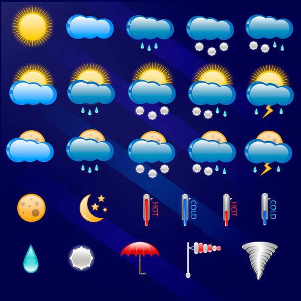 Weather icon set on a dark background. - Vector, imagen