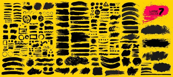 Nagy gyűjteménye a fekete festék, szabadkézi ecset, kefe, vonalak, szutykos. Piszkos művészi design elemek, a dobozok, a kereteket. Vektoros illusztráció. Elszigetelt, a sárga háttéren. Szabadkézi rajz - Vektor, kép