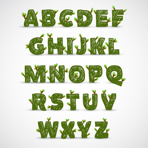 Handwritten ABC alphabet with leaf - Vector, Imagen