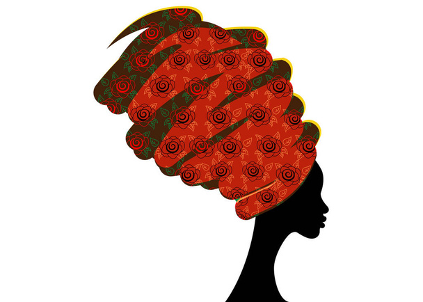 retrato hermosa mujer africana en turbante tradicional, Kente cabeza envoltura africana, impresión dashiki tradicional, negro silueta vectorial mujeres aisladas
 - Vector, Imagen
