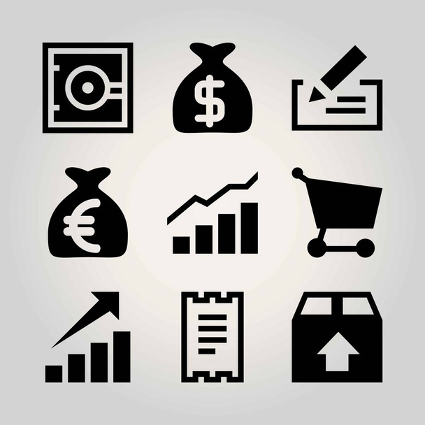 Business vector icon set. cart, safe, check and package - Διάνυσμα, εικόνα