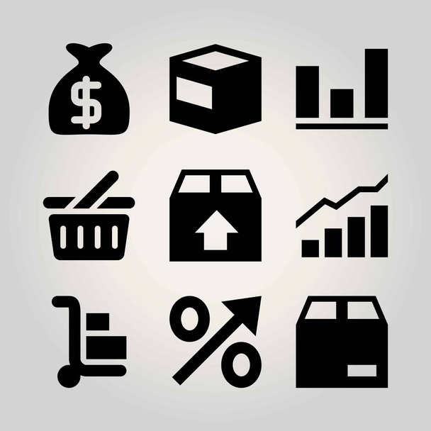 Shopping vector icon set. package, analytics, trolley and shopping basket - Vetor, Imagem
