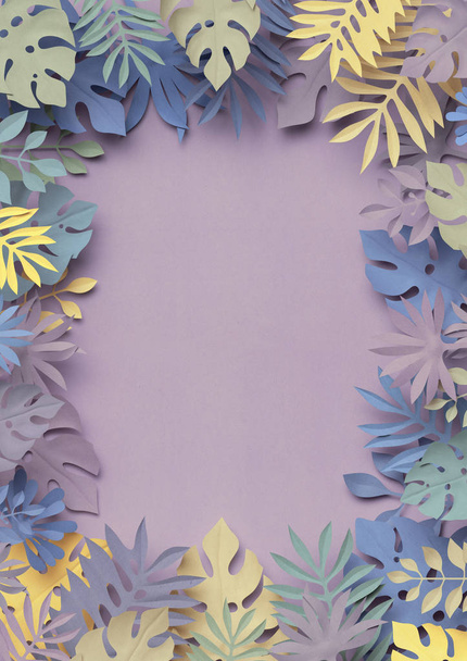 3d render, decorative paper leaves, jungle nature, paper texture, blank frame - Foto, immagini