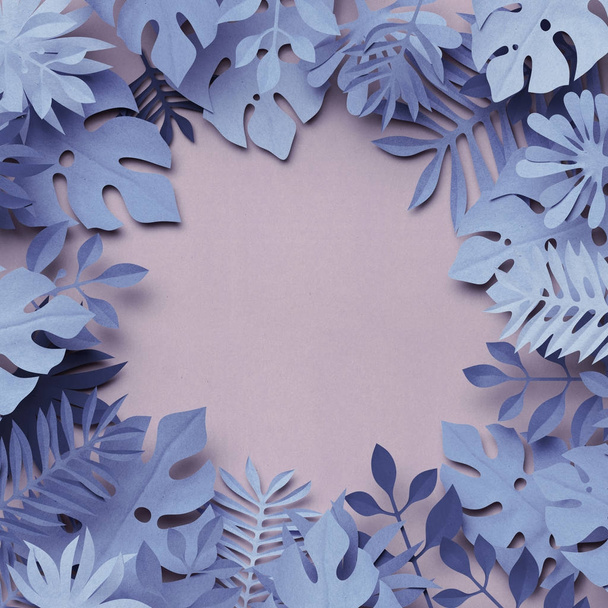 3d render, decorative paper jungle leaves, paper texture, blank frame, tropical nature - Φωτογραφία, εικόνα