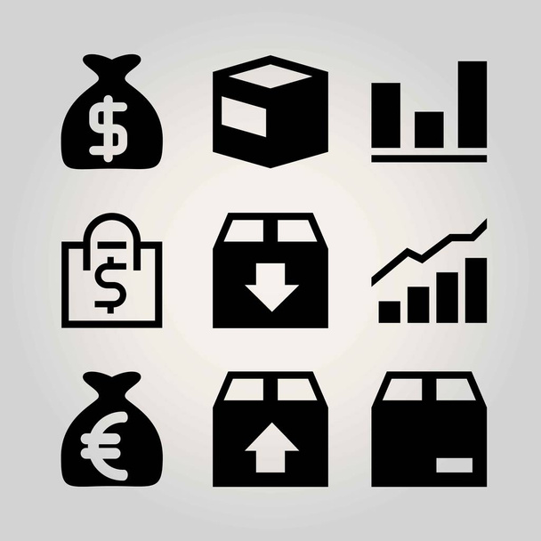 Shopping vector icon set. package, money bag, analutics and shopping bag - Διάνυσμα, εικόνα