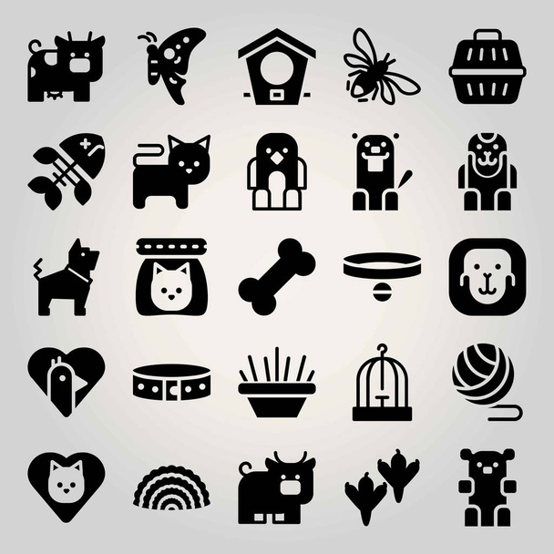 Animals vector icon set. cat food, fish bone, beaver and bowl - Wektor, obraz
