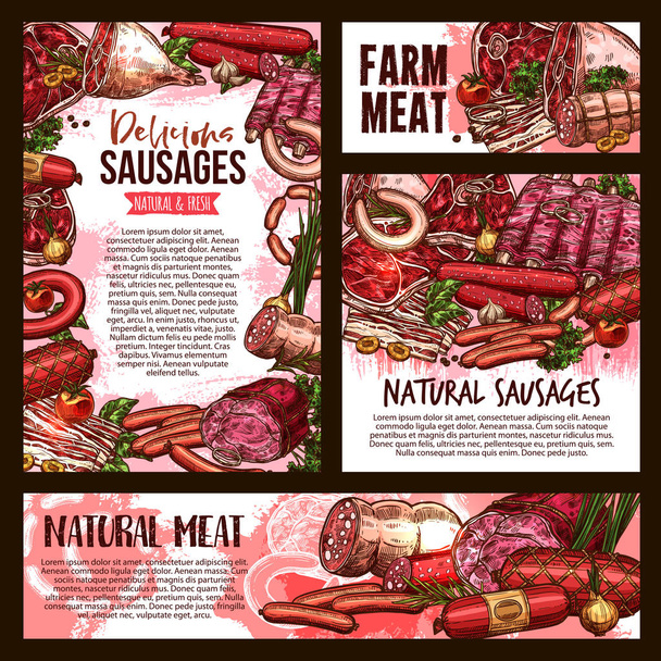 Vector bosquejo carne granja embutidos producto carteles
 - Vector, Imagen