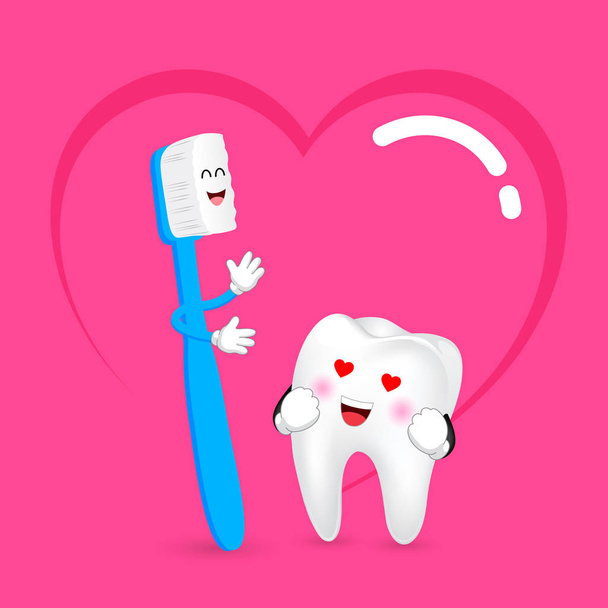 Schattige cartoon tandenborstel en tand in de liefde. Tandheelkundige zorg concept. Happy Valentijnsdag. Illustratie met achtergrond van hart. - Vector, afbeelding