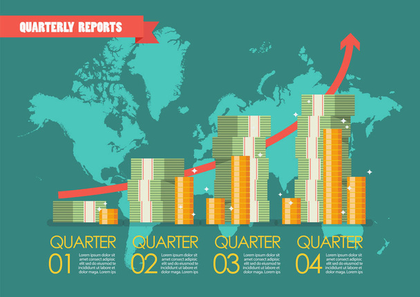 Quartalsberichte mit Weltkarte-Infografik - Vektor, Bild