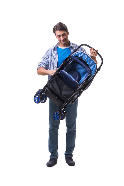 Young dad with child pram isolated on white - Фото, изображение