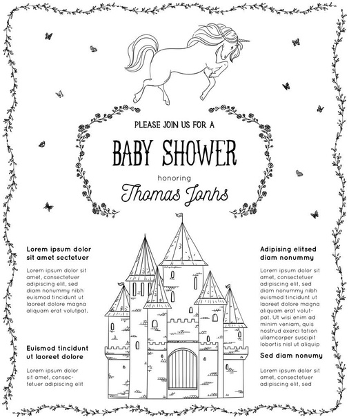 Baby shower invitation with unicorn, castle and butterflies. Fairy tale theme. Vintage vector illustration - Vector, Image