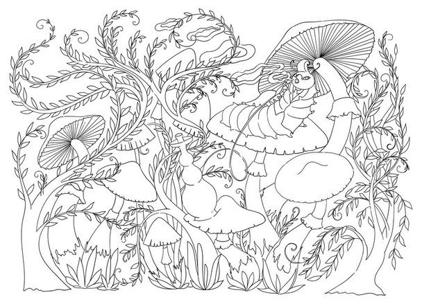 冬虫夏草はキノコの水ギセルを吸います。童話不思議の国の風景です。ビンテージ ベクトル図 - ベクター画像