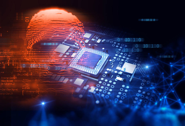 Cráneo cibernético digital azul e ilustración 3D de la CPU
 - Foto, imagen