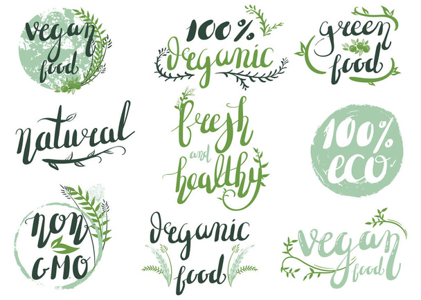 Přírodní organické štítky. Organické potraviny samolepky a prvky. Ruční nápisy - Vektor, obrázek