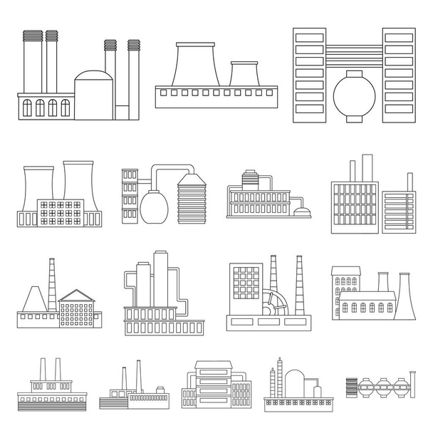 Factory and facilities outline icons in set collection for design. Factory and equipment vector symbol stock web illustration. - Vector, Image