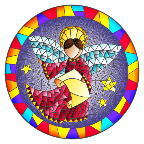 Illustration in stained glass style with an abstract angel in pink robe  , round picture frame in bright - Vector, Image