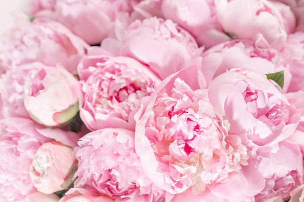 Buquê elegante de muitas peônias de cor rosa de perto. Bela flor para qualquer feriado. Muitas flores bonitas e românticas na loja floral
. - Foto, Imagem