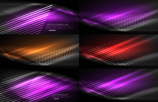 Set of neon smooth wave digital abstract backgrounds - Vetor, Imagem