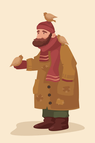 Roztomilý starý bezdomovec v čepici, šálu a kabát. Ptáci na člověka. Vektorové ilustrace kreslené postavičky - Vektor, obrázek