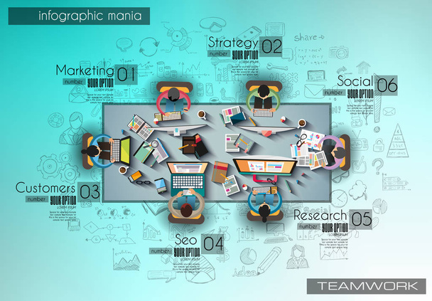 Infograph background template with a temworking brainstorming table with infographic design elements and mockups and hand drawn sketches of technology items. - Vector, Image