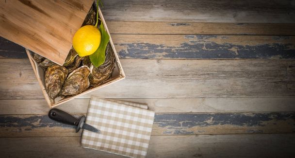 Cesta de ostras crudas con limón sobre tabla de madera y botella de vino y vidrio
 - Foto, Imagen