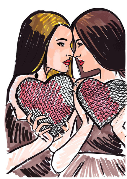 Σκίτσο στην αγάπη του Αγίου Βαλεντίνου ημέρα λεσβιακές γυναίκες με καρδιά . - Διάνυσμα, εικόνα