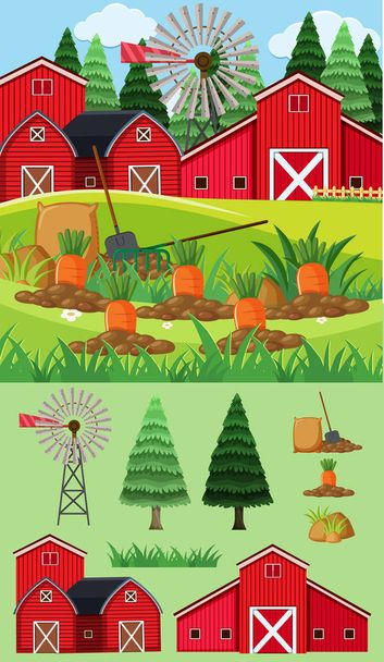 Farm scene with red barns and carrot garden - Vector, Image
