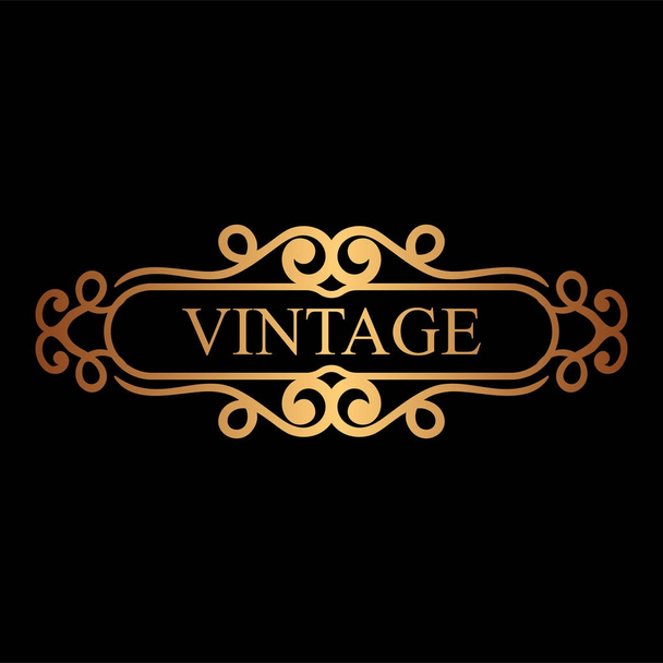Golden vintage calligraphic label. Ornate logo template for design of invitations, greeting cards, banners, posters, placards, badges, hotel, restaurant, business identity. Vector illustration. - Vector, Image