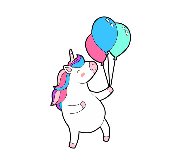 Schattig vet unicorn gelukkig springt met ballonnen in de hand. Unicorn geïsoleerde vector pictogram. - Vector, afbeelding