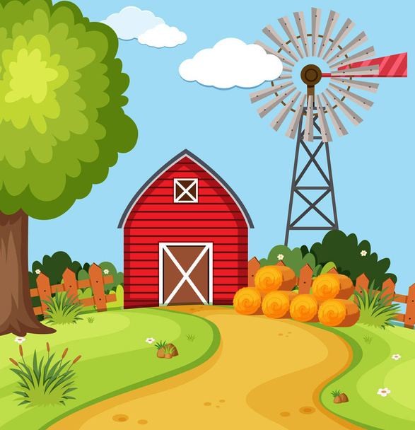 Красный коровник и ветряная турбина на ферме
 - Вектор,изображение
