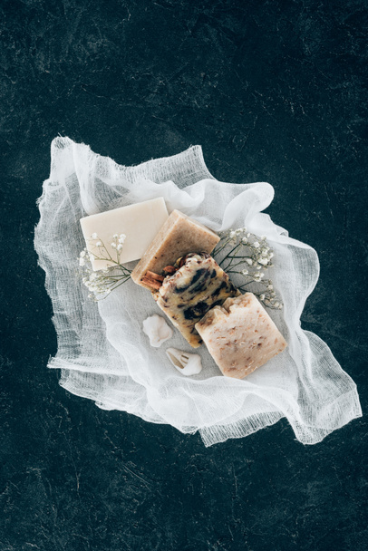 top view of natural homemade soap on gauze - Fotografie, Obrázek