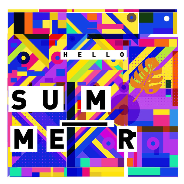 Trendy vector summer cards illustration with elements and abstract colorful textures. Design for holiday vacation poster, card, brochure, and promotion template. Fashion art print and background. - Vector, Imagen