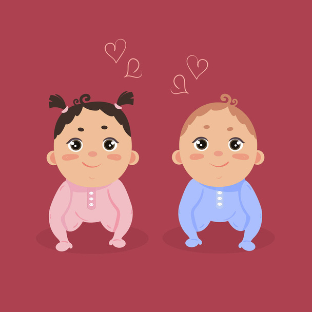 Neugeborenes Mädchen und Junge sitzen zusammen - Vektor, Bild