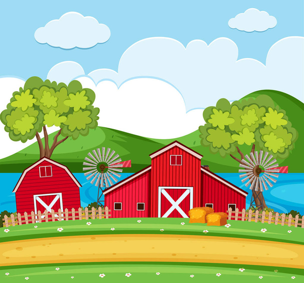 Farm scene with red barns and wind turbines - Vector, Image