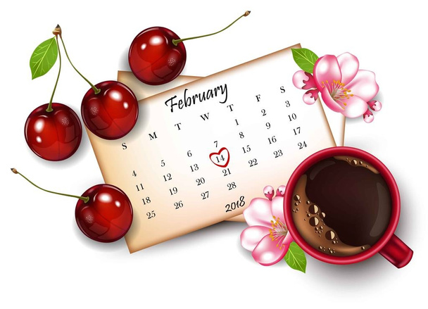 赤いマークで 2 月 14 日のカレンダーです。ベクトル現実的な幸せなバレンタインの日のカード。チェリーの装飾 - ベクター画像