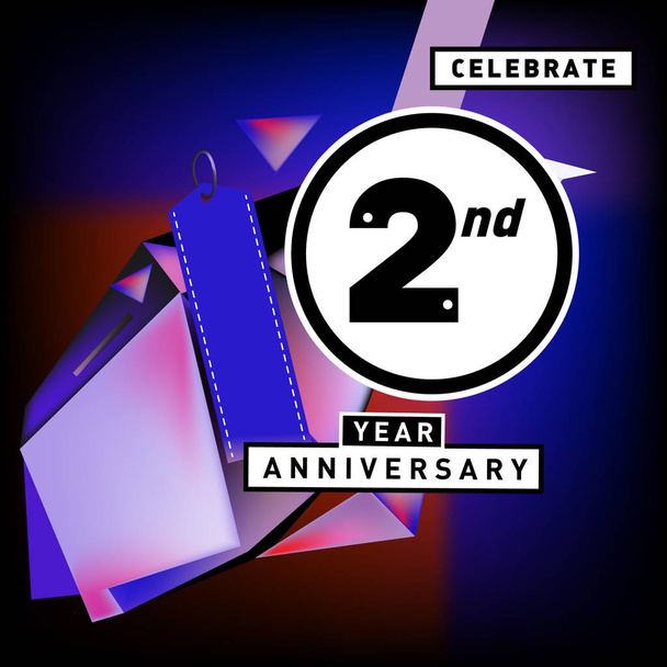 Tarjeta de aniversario de 2 años con fondo colorido. Logo de dos años de cumpleaños sobre fondo geométrico colorido
. - Vector, imagen