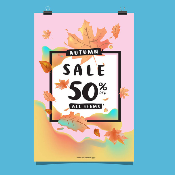 Vector autumn sale poster template with lettering. Bright fall leaves. brochure, card, label, banner design. Bright commercial background design. Autumn sale 50% - Vector, imagen