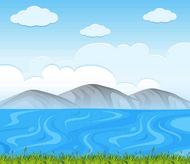青い湖と背景のシーン - ベクター画像