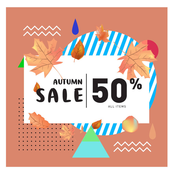 Vector autumn sale poster template with lettering. Bright fall leaves. brochure, card, label, banner design. Bright commercial background design. Autumn sale 50% - Vector, Image