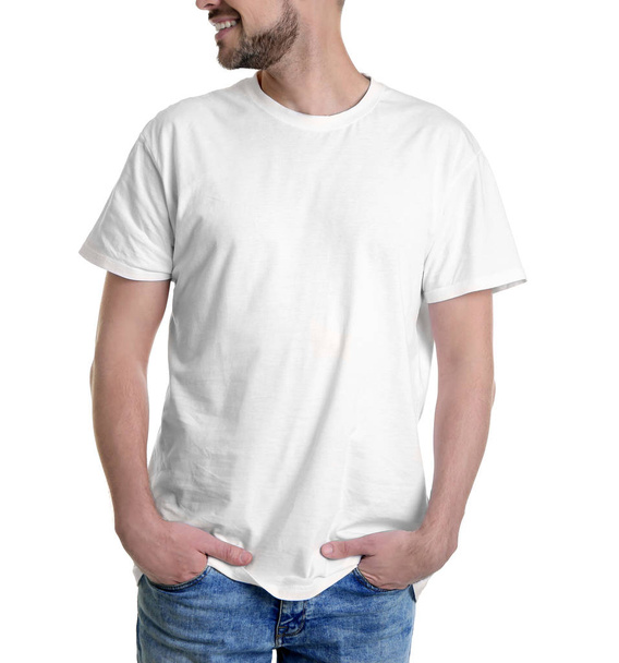 Young man in t-shirt on white background. Mockup for design - Φωτογραφία, εικόνα