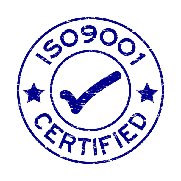 Grunge blu ISO9001 certificato timbro guarnizione di gomma rotonda su sfondo bianco
 - Vettoriali, immagini